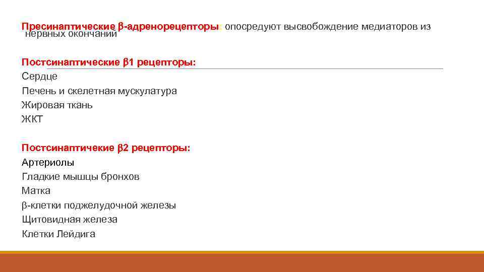 Пресинаптические -адренорецепторы: опосредуют высвобождение медиаторов из нервных окончаний Постсинаптические 1 рецепторы: Сердце Печень и