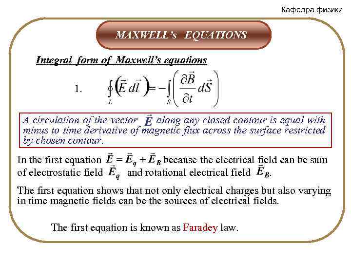 Кафедра физики MAXWELL’s EQUATIONS Integral form of Maxwell’s equations 1. A circulation of the