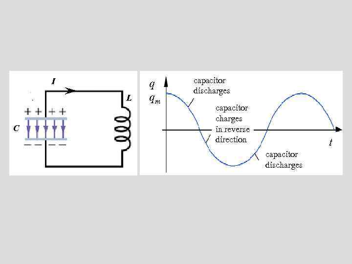 I L C q qm capacitor discharges capacitor charges in reverse direction t capacitor