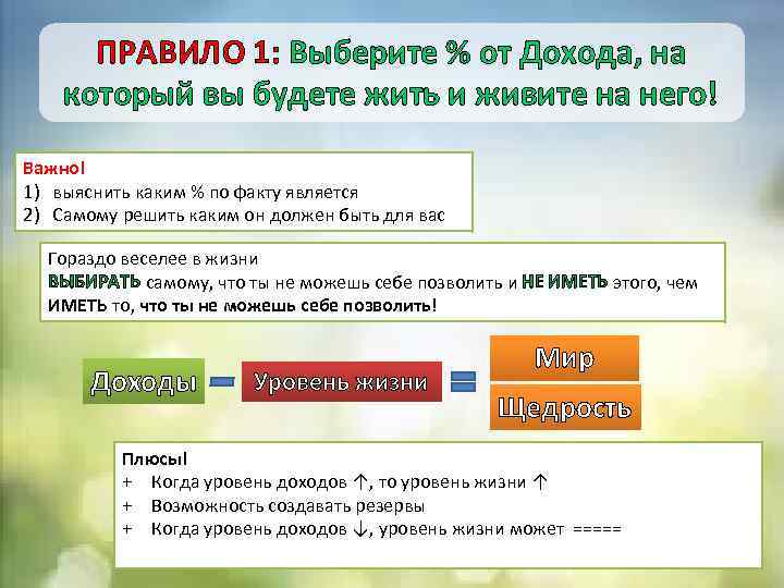 ПРАВИЛО 1: Выберите % от Дохода, на который вы будете жить и живите на