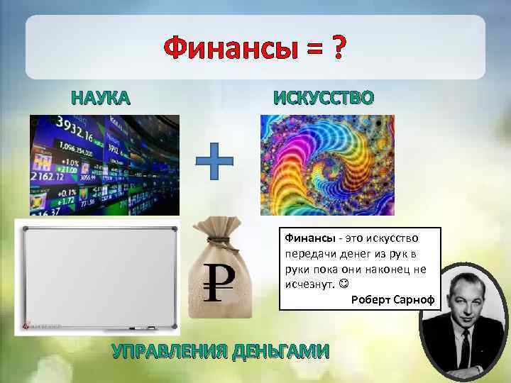 Финансы = ? НАУКА ИСКУССТВО Финансы - это искусство передачи денег из рук в