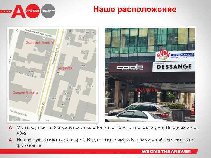 Наше расположение Мы находимся в 2 -х минутах от м. «Золотые Ворота» по адресу