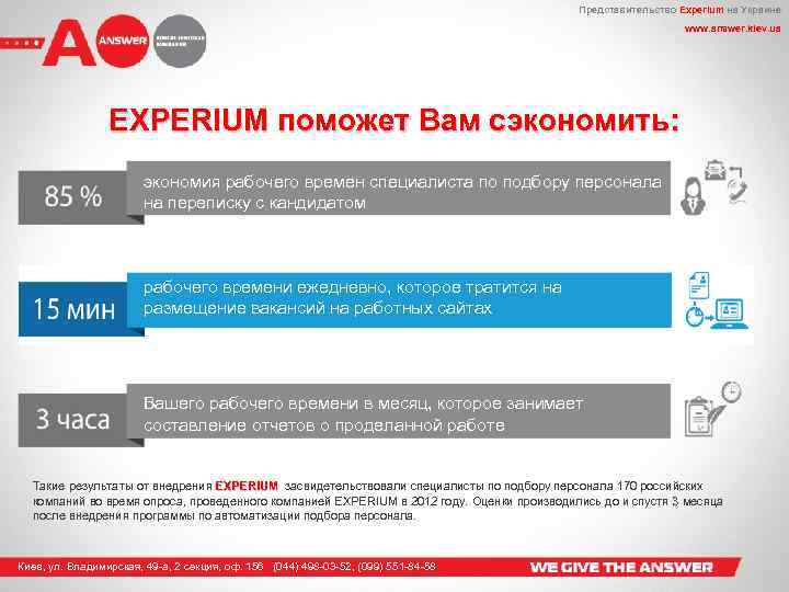 Представительство Experium на Украине www. answer. kiev. ua Вашего рабочего времени, которое уходит на