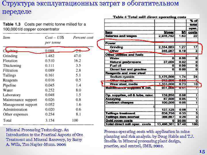 Структура эксплуатационных затрат в обогатительном переделе Mineral Processing Technology. An Introduction to the Practical