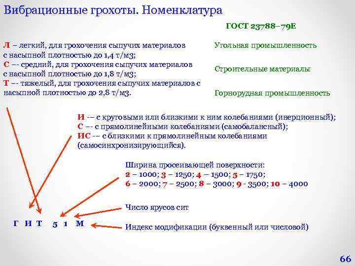 Вибрационные грохоты. Номенклатура ГОСТ 23788– 79 Е Л – легкий, для грохочения сыпучих материалов