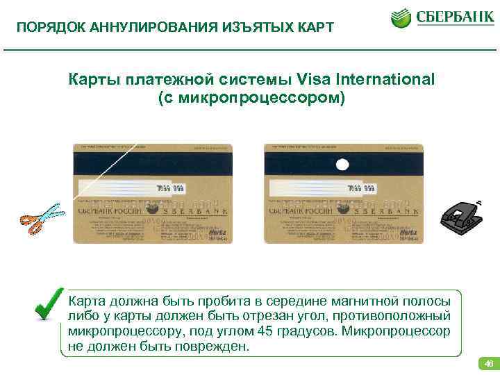 ПОРЯДОК АННУЛИРОВАНИЯ ИЗЪЯТЫХ КАРТ Карты платежной системы Visa International (с микропроцессором) Карта должна быть