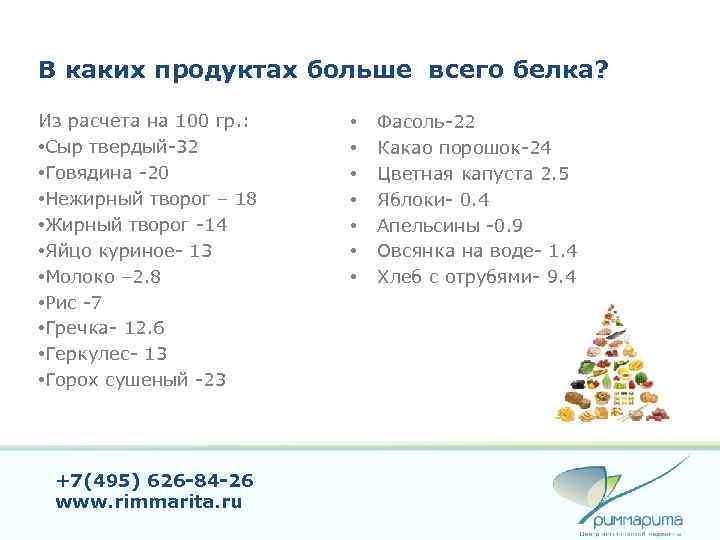 В каких продуктах больше всего белка? Из расчета на 100 гр. : • Сыр