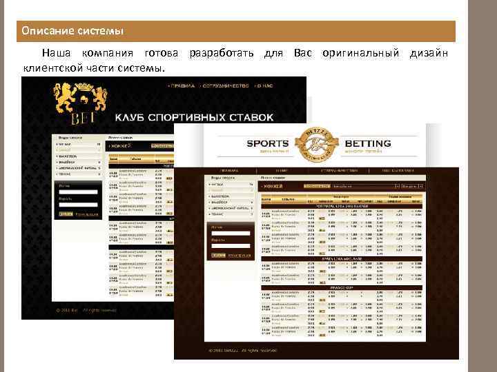 Описание системы Наша компания готова разработать для Вас оригинальный дизайн клиентской части системы. 