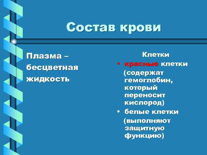 Состав крови Плазма – бесцветная жидкость Клетки • красные клетки (содержат гемоглобин, который переносит