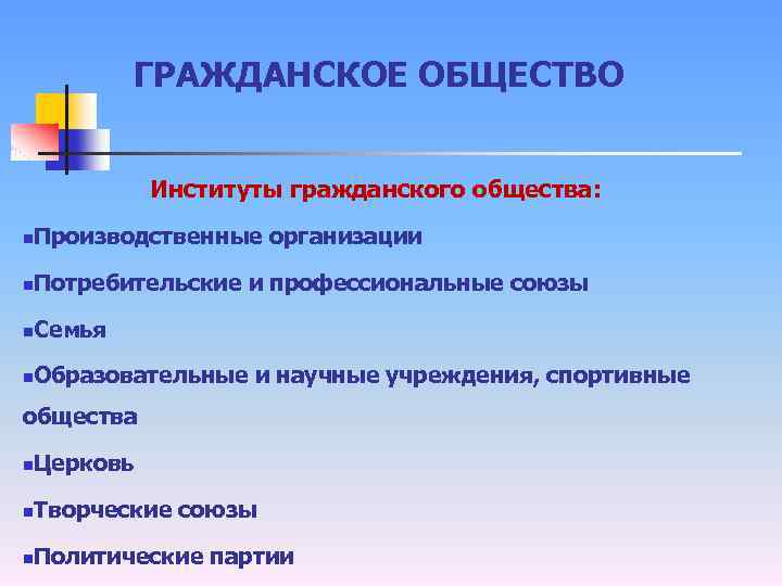 ГРАЖДАНСКОЕ ОБЩЕСТВО Институты гражданского общества: Производственные организации n Потребительские и профессиональные союзы n Семья