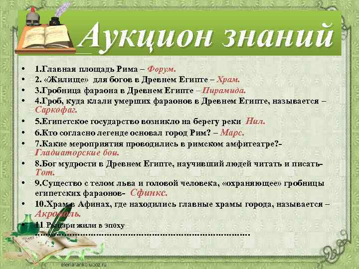 Аукцион знаний • • 1. Главная площадь Рима – Форум. 2. «Жилище» для богов