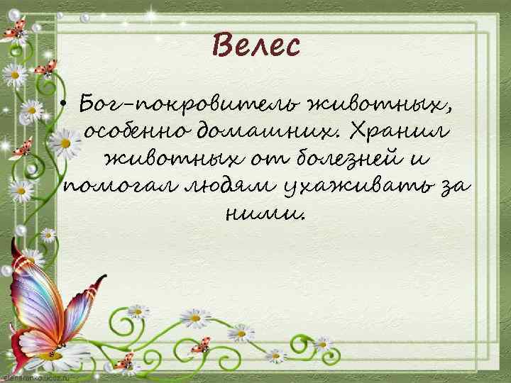 Велес • Бог-покровитель животных, особенно домашних. Хранил животных от болезней и помогал людям ухаживать