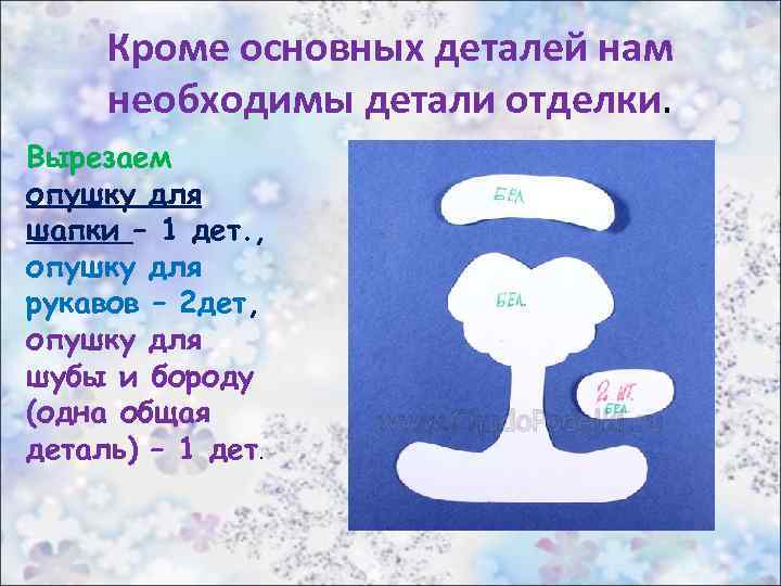 Кроме основных деталей нам необходимы детали отделки. Вырезаем опушку для шапки – 1 дет.