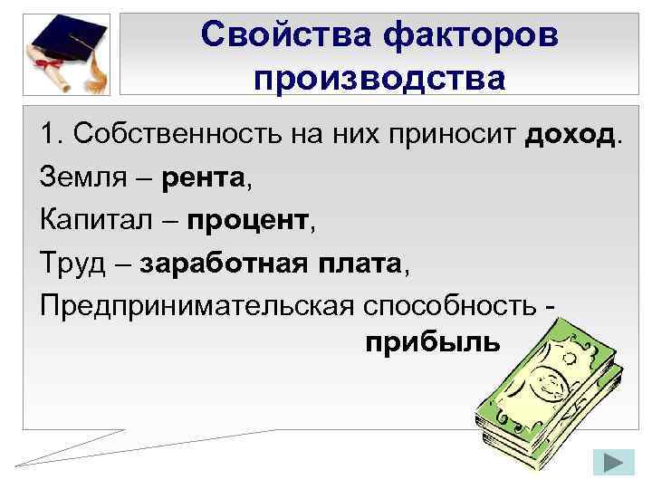 Свойства факторов производства 1. Собственность на них приносит доход. Земля – рента, Капитал –