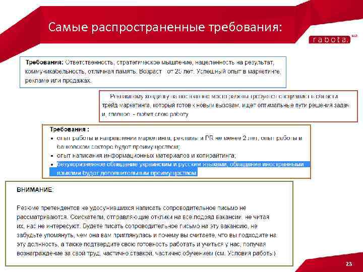 Самые распространенные требования: 23 