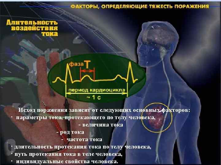  Исход поражения зависит от следующих основных факторов: · параметры тока, протекающего по телу