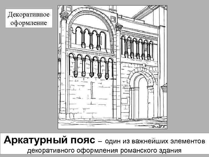 Декоративное оформление Аркатурный пояс – один из важнейших элементов декоративного оформления романского здания 
