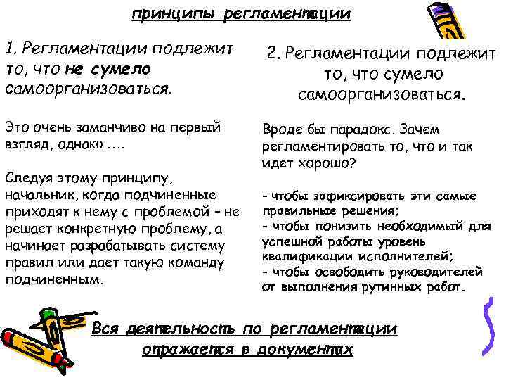 принципы регламентации 1. Регламентации подлежит то, что не сумело самоорганизоваться. 2. Регламентации подлежит то,