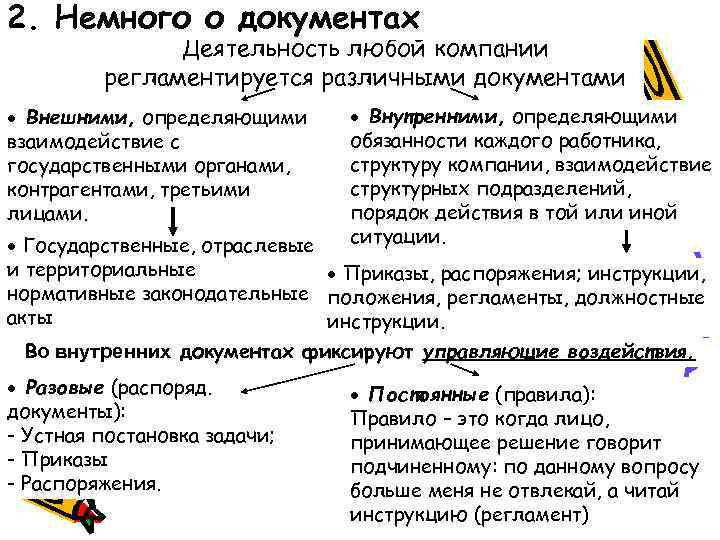 2. Немного о документах Деятельность любой компании регламентируется различными документами Внешними, определяющими взаимодействие с
