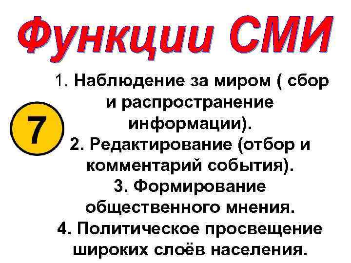  1. Наблюдение за миром ( сбор и распространение информации). 2. Редактирование (отбор и