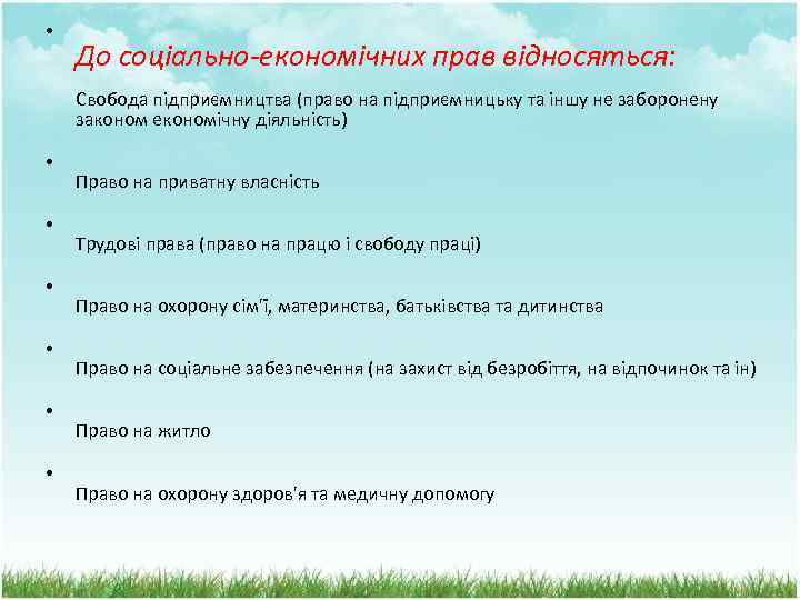  • До соціально-економічних прав відносяться: Свобода підприємництва (право на підприємницьку та іншу не