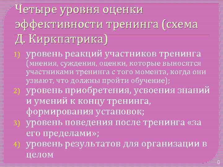 Четыре уровня оценки эффективности тренинга (схема Д. Киркпатрика) 1) уровень реакций участников тренинга 2)