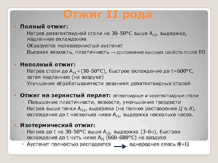 Полны род. Отжиг первого рода. Отжиг второго рода. Виды отжига. Основные виды отжига II рода.