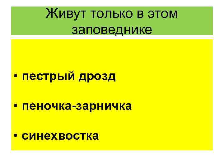 Живут только в этом заповеднике • пестрый дрозд • пеночка-зарничка • синехвостка 