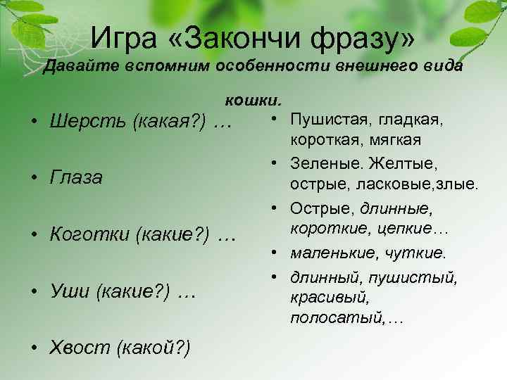 Игра «Закончи фразу» Давайте вспомним особенности внешнего вида • • кошки. • Пушистая, гладкая,