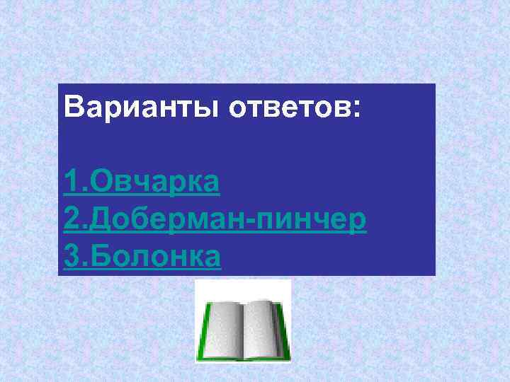 Варианты ответов: 1. Овчарка 2. Доберман-пинчер 3. Болонка 