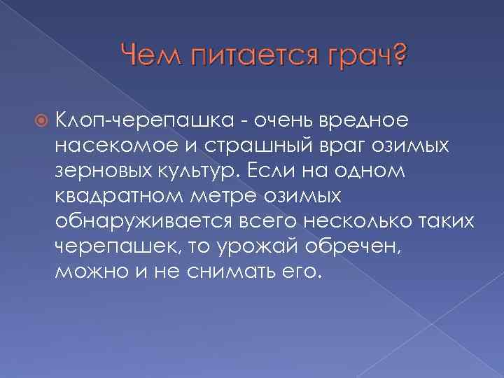 Чем питается грач? Клоп-черепашка - очень вредное насекомое и страшный враг озимых зерновых культур.
