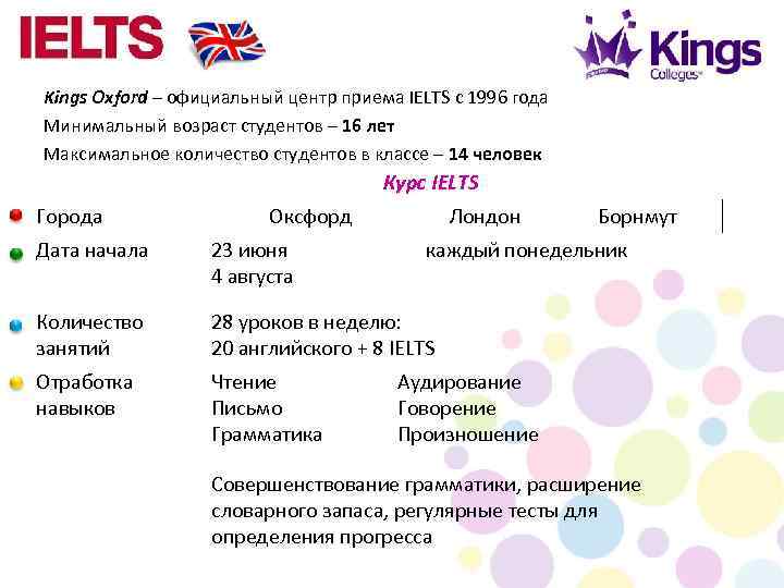 Kings Oxford – официальный центр приема IELTS с 1996 года Минимальный возраст студентов –