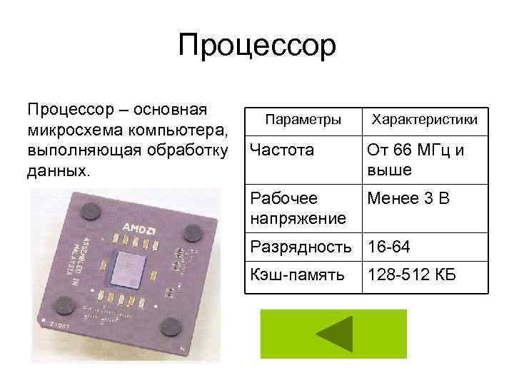 Процессор – основная микросхема компьютера, выполняющая обработку данных. Параметры Характеристики Частота От 66 МГц