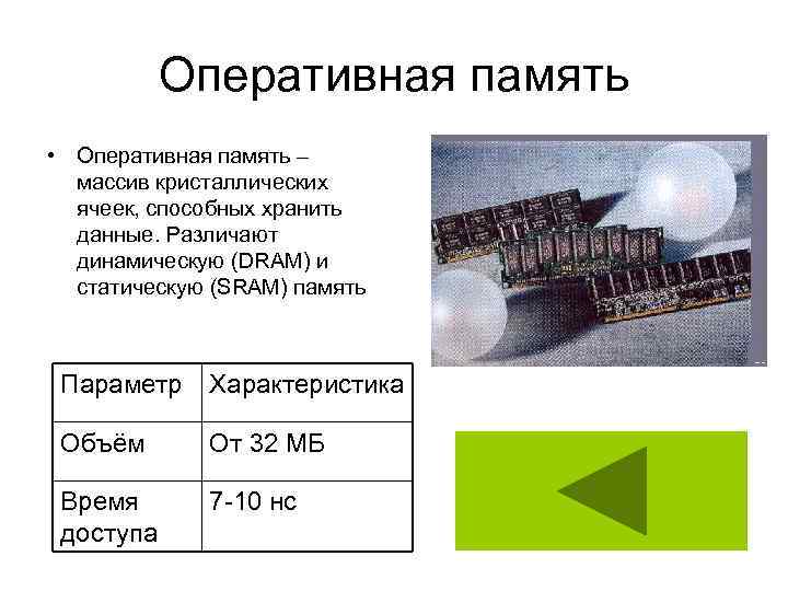 Оперативная память • Оперативная память – массив кристаллических ячеек, способных хранить данные. Различают динамическую