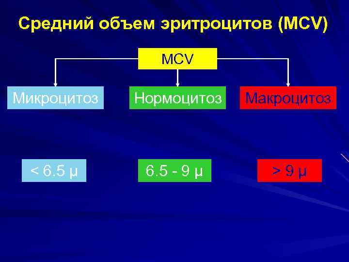 Средний объем эритроцитов (MCV) MCV Микроцитоз Нормоцитоз Макроцитоз < 6. 5 µ 6. 5