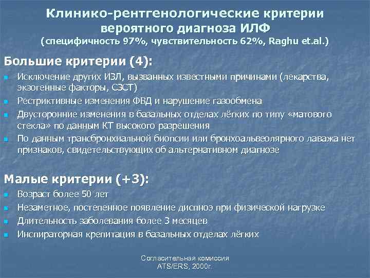 Клинико-рентгенологические критерии вероятного диагноза ИЛФ (специфичность 97%, чувствительность 62%, Raghu et. al. ) Большие