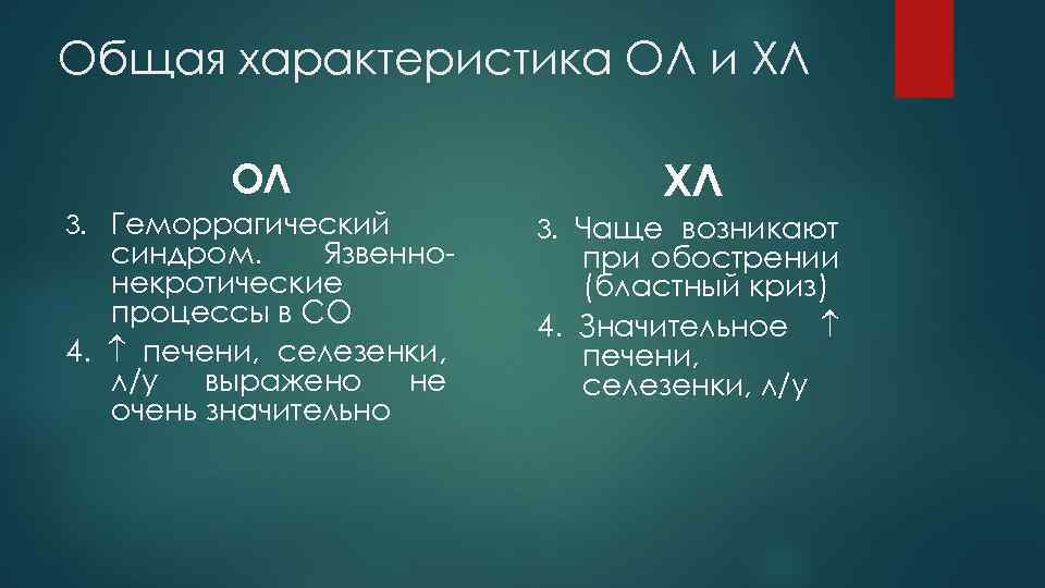 Общая характеристика ОЛ и ХЛ ОЛ 3. Геморрагический синдром. Язвеннонекротические процессы в СО 4.