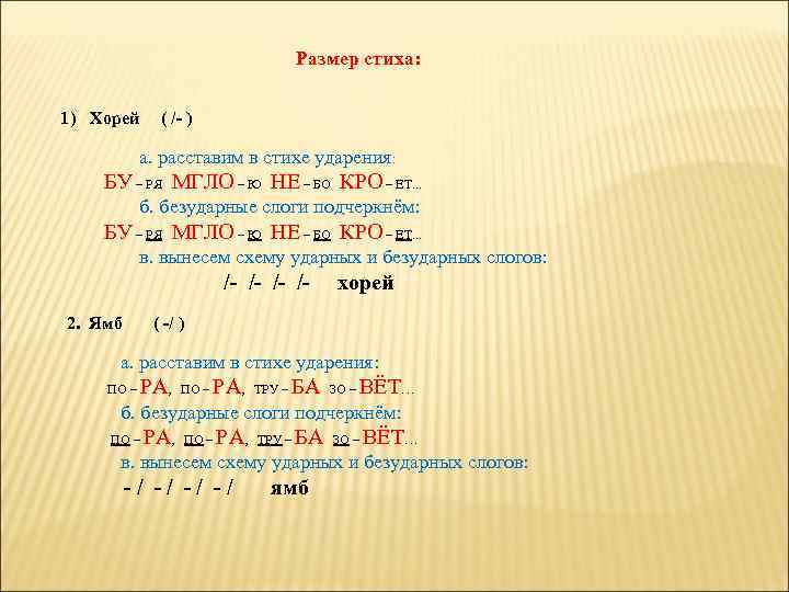  Размер стиха: 1) Хорей ( /- ) а. расставим в стихе ударения: БУ