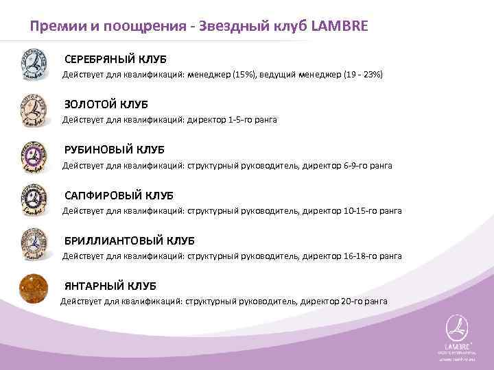 Премии и поощрения - Звездный клуб LAMBRE • СЕРЕБРЯНЫЙ КЛУБ Действует для квалификаций: менеджер