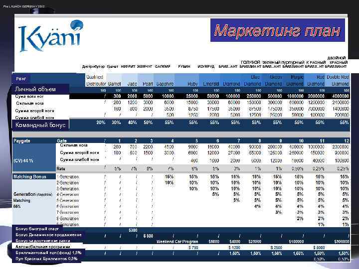 Pre LAUNCH GERMANY 2012 Маркетинг план ДВОЙНОЙ Дистрибутор Гранат НЕФРИТ ЖЕМЧУГ САПФИР Ранг Личный