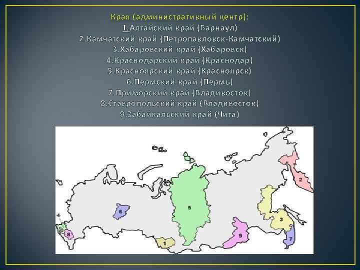 Края (административный центр): 1. Алтайский край (Барнаул) 2. Камчатский край (Петропавловск-Камчатский) 3. Хабаровский край