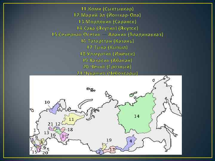 11. Коми (Сыктывкар) 12. Марий Эл (Йошкар-Ола) 13. Мордовия (Саранск) 14. Саха (Якутия) (Якутск)