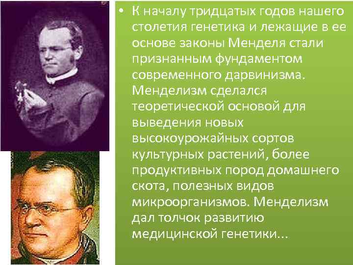  • К началу тридцатых годов нашего столетия генетика и лежащие в ее основе