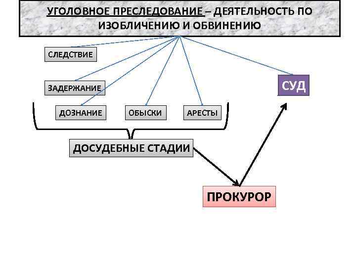 УГОЛОВНОЕ ПРЕСЛЕДОВАНИЕ – ДЕЯТЕЛЬНОСТЬ ПО ИЗОБЛИЧЕНИЮ И ОБВИНЕНИЮ СЛЕДСТВИЕ СУД ЗАДЕРЖАНИЕ ДОЗНАНИЕ ОБЫСКИ АРЕСТЫ