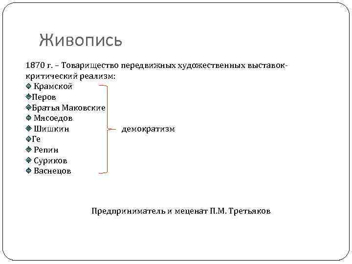 Живопись 1870 г. – Товарищество передвижных художественных выставоккритический реализм: Крамской Перов Братья Маковские Мясоедов