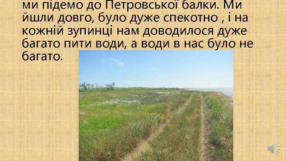 ми підемо до Петровської балки. Ми йшли довго, було дуже спекотно , і на