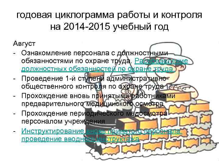 годовая циклограмма работы и контроля на 2014 -2015 учебный год Август - Ознакомление персонала