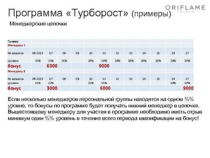 Программа «Турборост» (примеры) Менеджерские цепочки Пример Менеджер 1 № каталога уровень бонус 06 -2013