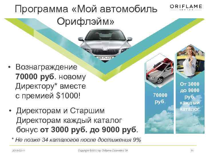 Программа «Мой автомобиль Орифлэйм» • Вознаграждение 70000 руб. новому Директору* вместе с премией $1000!