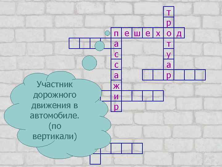 т Участник дорожного движения в автомобиле. (по вертикали) р п е ш е х